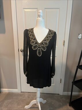 French Connection Black Long-Sleeve Beaded V-Neck Tunic
